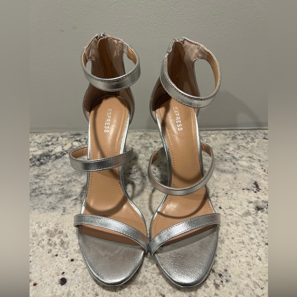 Express Metallic Silver Strappy Heels